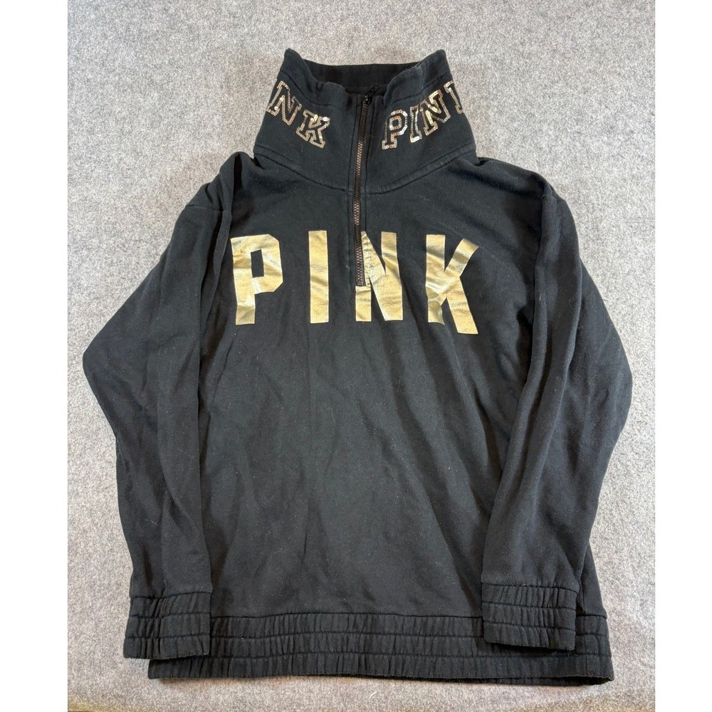 Victoria's Secret PINK Quarter Zip Sweatshirt Womens S Black Gold Sequin Y2K